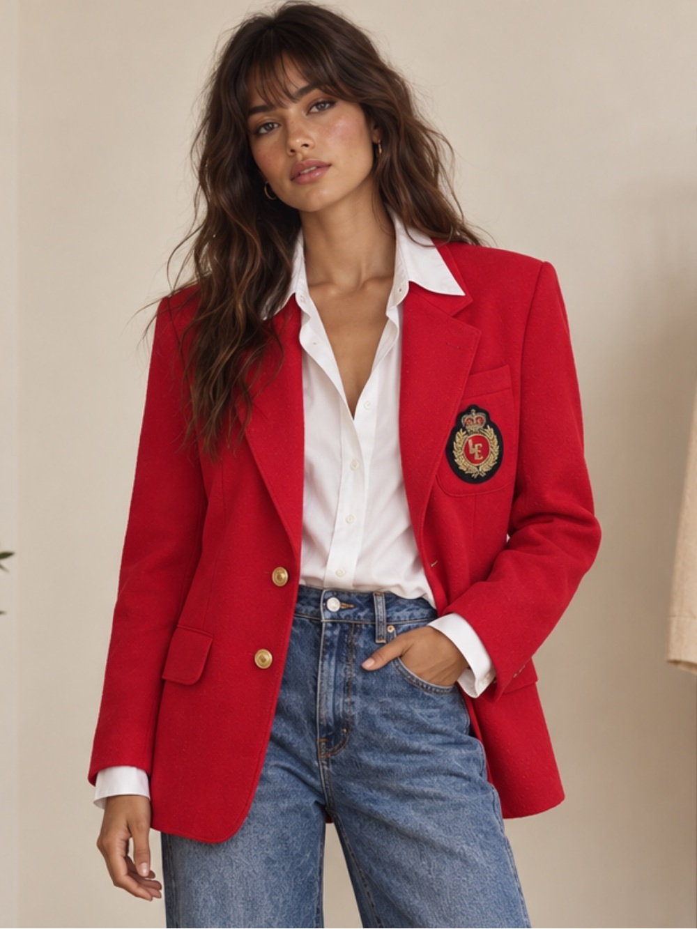 90s Liz Sport Wool Blend Blazer Red Crest Heritage Academia Preppy Vintage 8P